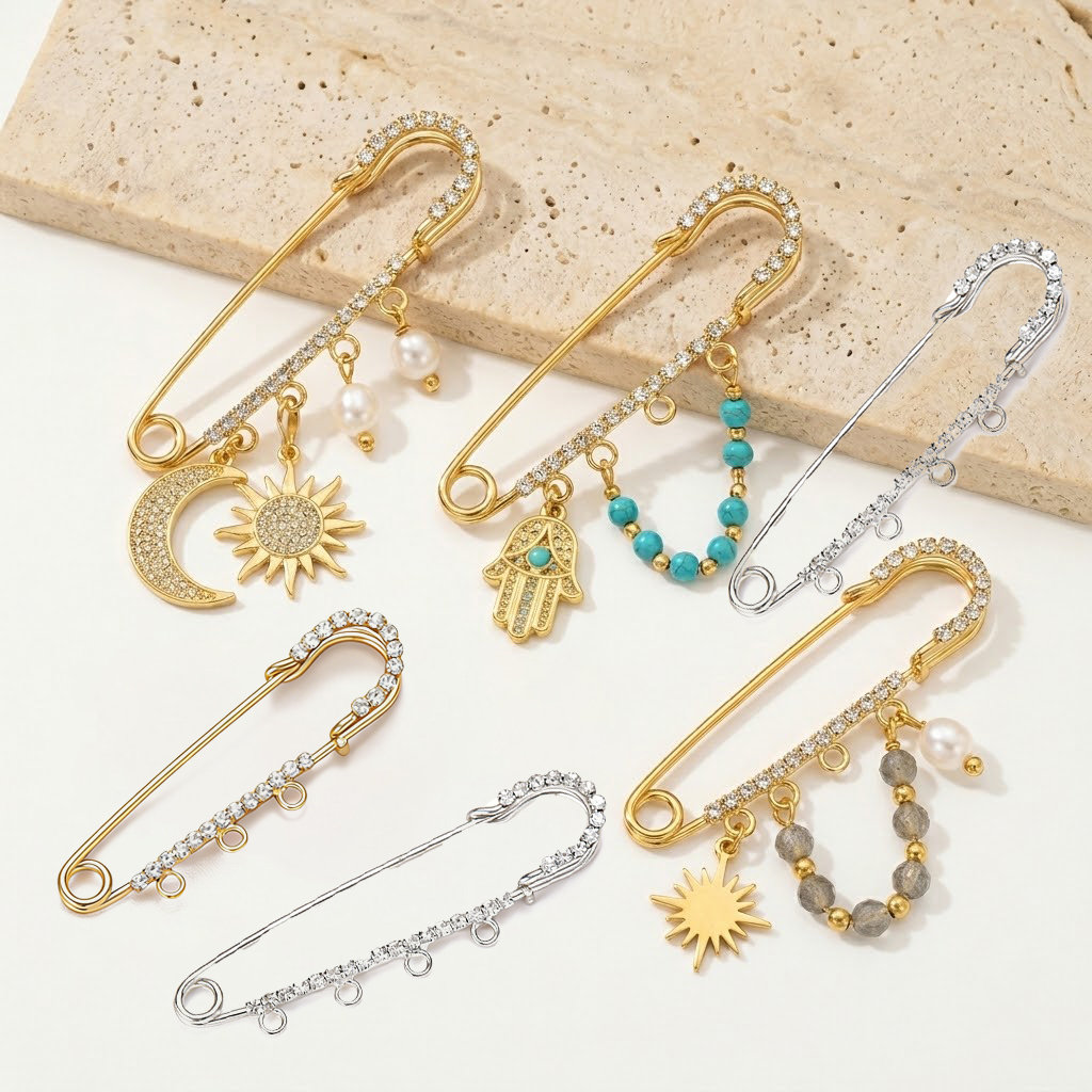Fishing Hook Size - 5pcs Rhinestone Charms Safety Pins Long