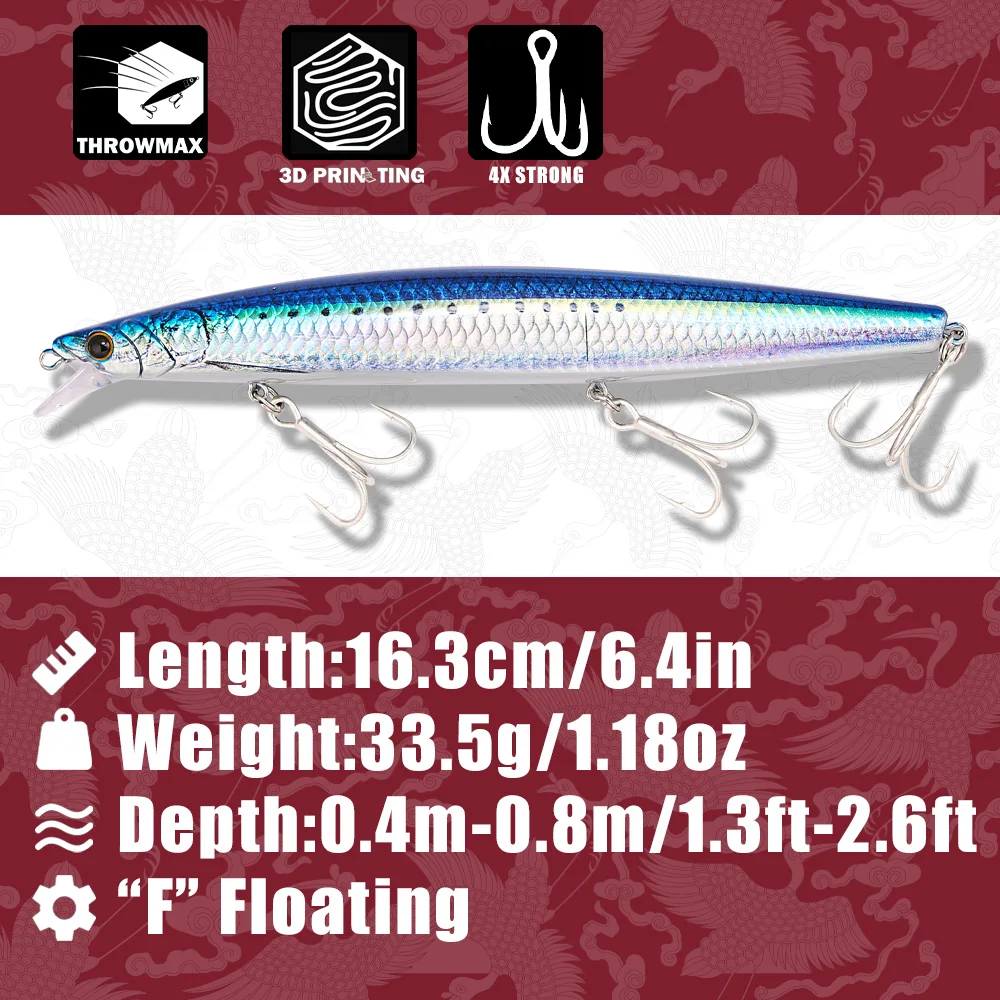 B&U 163mm/33.5g Floating Long  - مراجعة Fishing Hook Treble وسعره